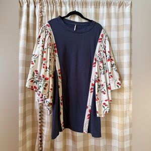 Free People Navy Tunic with Cream Strawberry-Print Puff Sleeves